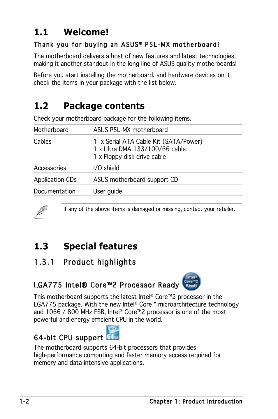 1 welcome, 2 package contents, 3 special features | 1 product highlights | Asus P5L-MX User Manual | Page 14 / 96