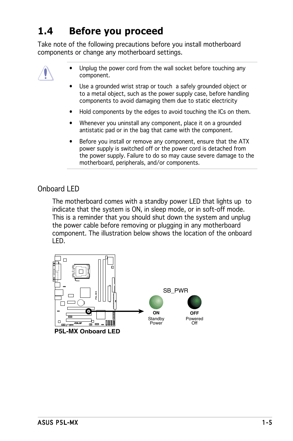 4 before you proceed, Onboard led | Asus P5L-MX User Manual | Page 17 / 96