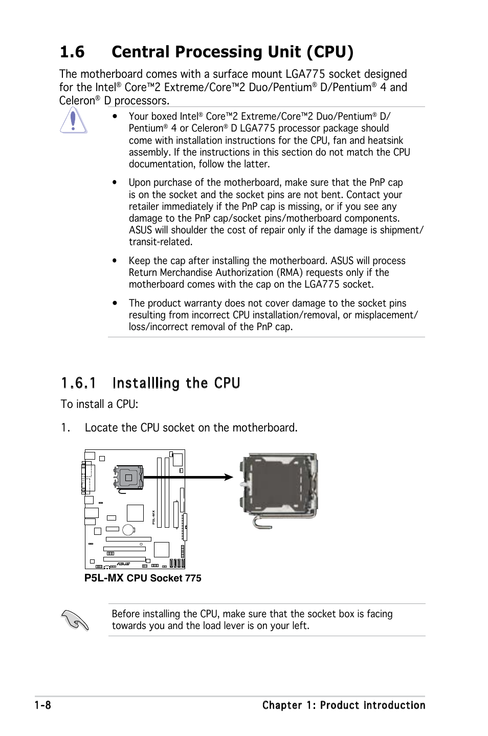 6 central processing unit (cpu), 1 installling the cpu | Asus P5L-MX User Manual | Page 20 / 96