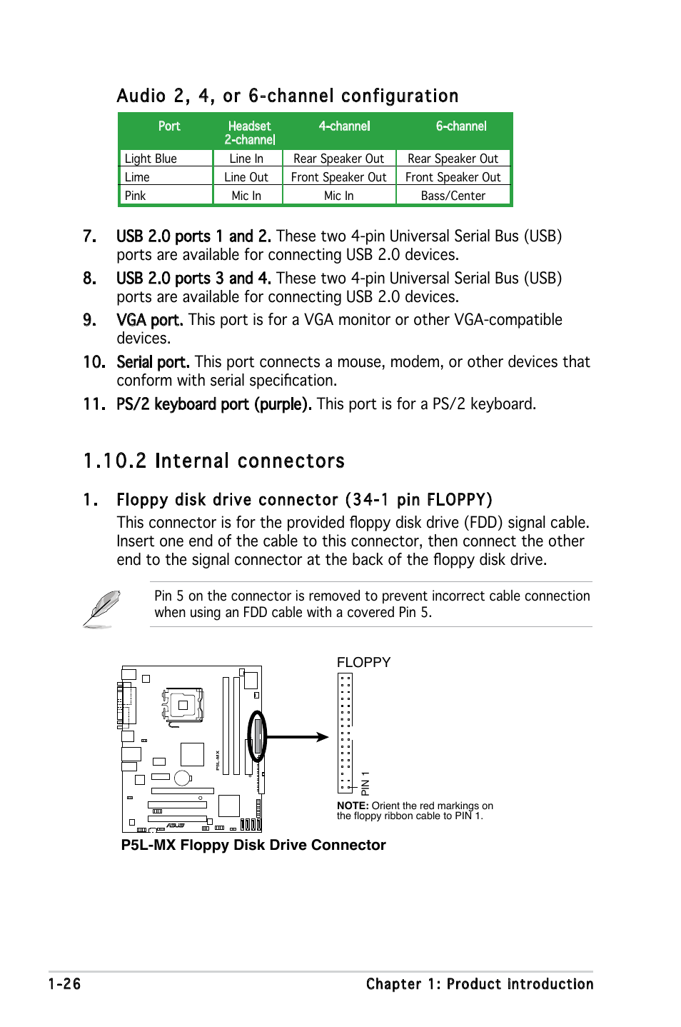 2 internal connectors, Audio 2, 4, or 6-channel configuration | Asus P5L-MX User Manual | Page 38 / 96