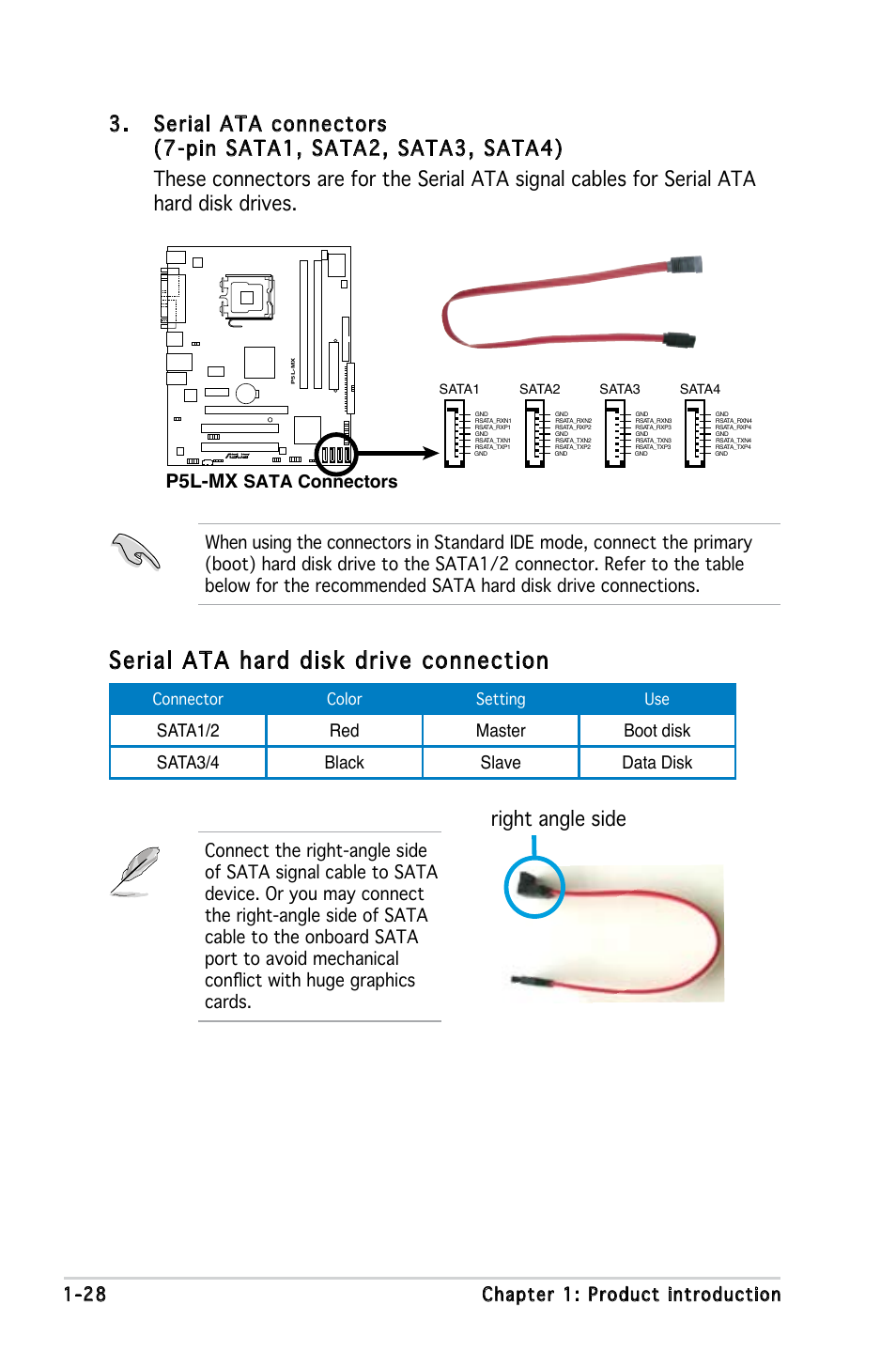 Serial ata hard disk drive connection, Right angle side, P5l-mx | 28 chapter 1: product introduction, Sata connectors | Asus P5L-MX User Manual | Page 40 / 96