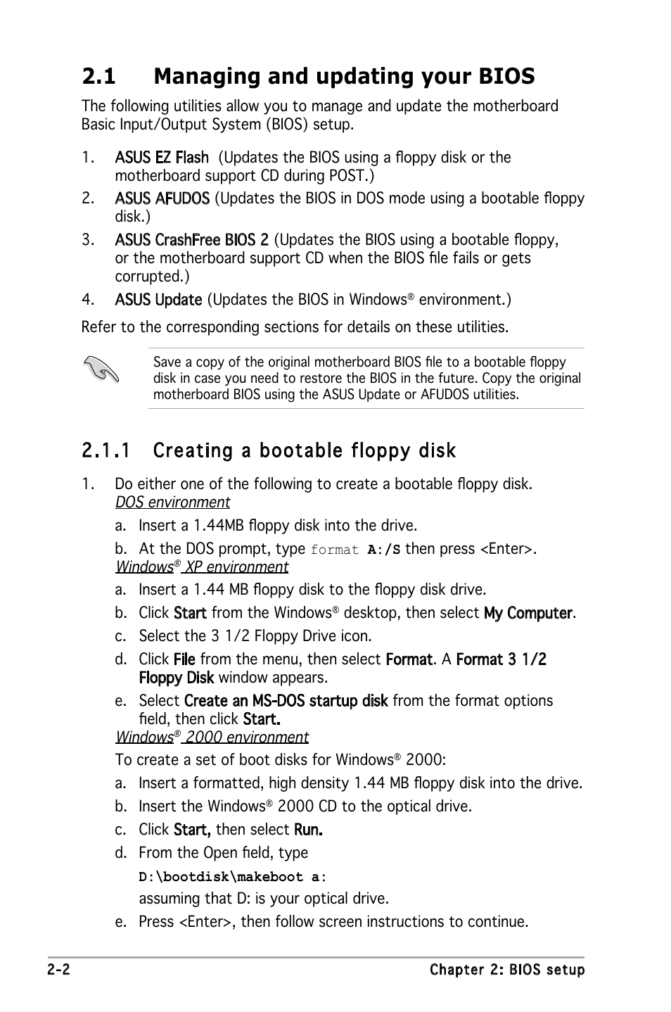 1 managing and updating your bios, 1 creating a bootable floppy disk | Asus P5L-MX User Manual | Page 48 / 96