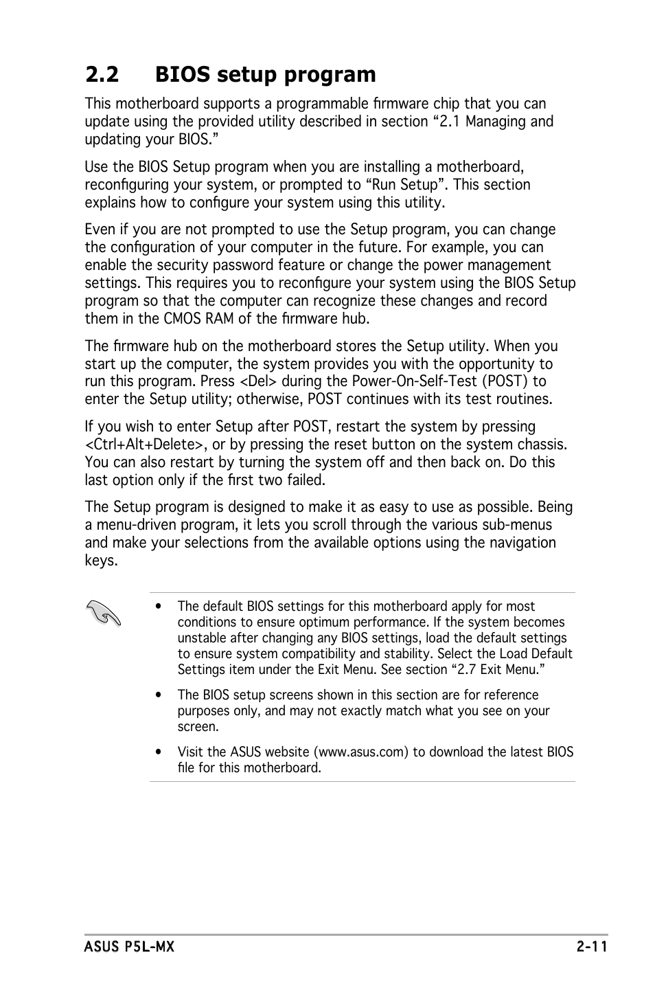 2 bios setup program | Asus P5L-MX User Manual | Page 57 / 96