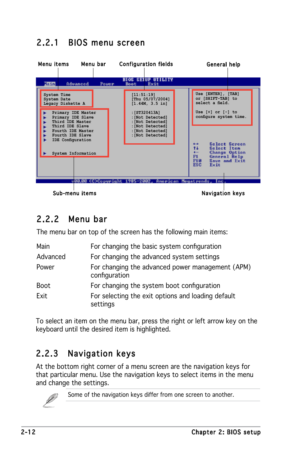 2 menu bar, 1 bios menu screen, 3 navigation keys | Asus P5L-MX User Manual | Page 58 / 96