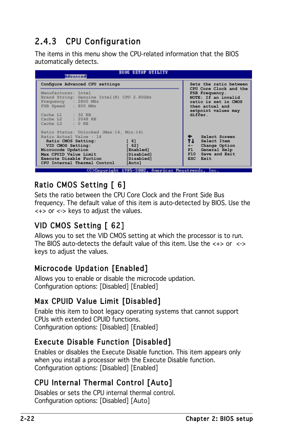 3 cpu configuration, Ratio cmos setting [ 6, Vid cmos setting [ 62 | Microcode updation [enabled, Max cpuid value limit [disabled, Execute disable function [disabled, Cpu internal thermal control [auto | Asus P5L-MX User Manual | Page 68 / 96