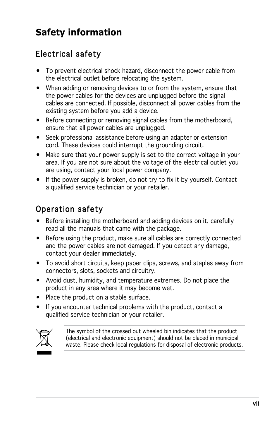 Safety information, Electrical safety, Operation safety | Asus P5L-MX User Manual | Page 7 / 96