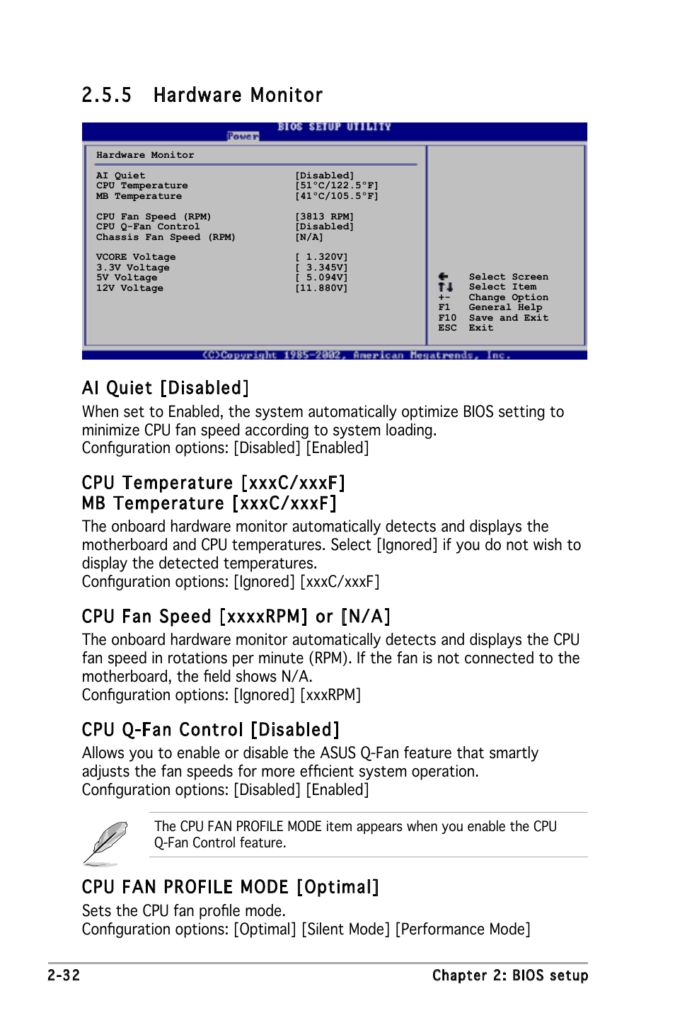 5 hardware monitor, Ai quiet [disabled, Cpu q-fan control [disabled | Cpu fan profile mode [optimal | Asus P5L-MX User Manual | Page 78 / 96