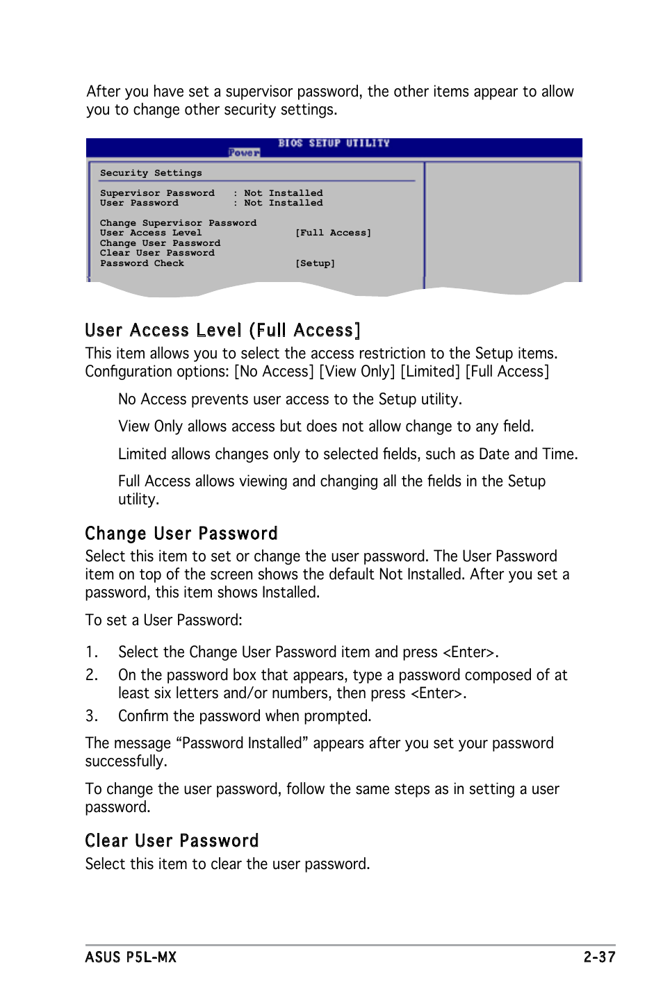 User access level (full access, Change user password, Clear user password | Asus P5L-MX User Manual | Page 83 / 96