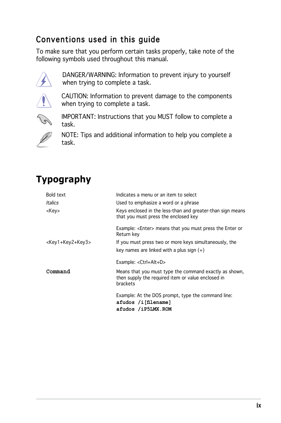 Typography, Conventions used in this guide | Asus P5L-MX User Manual | Page 9 / 96