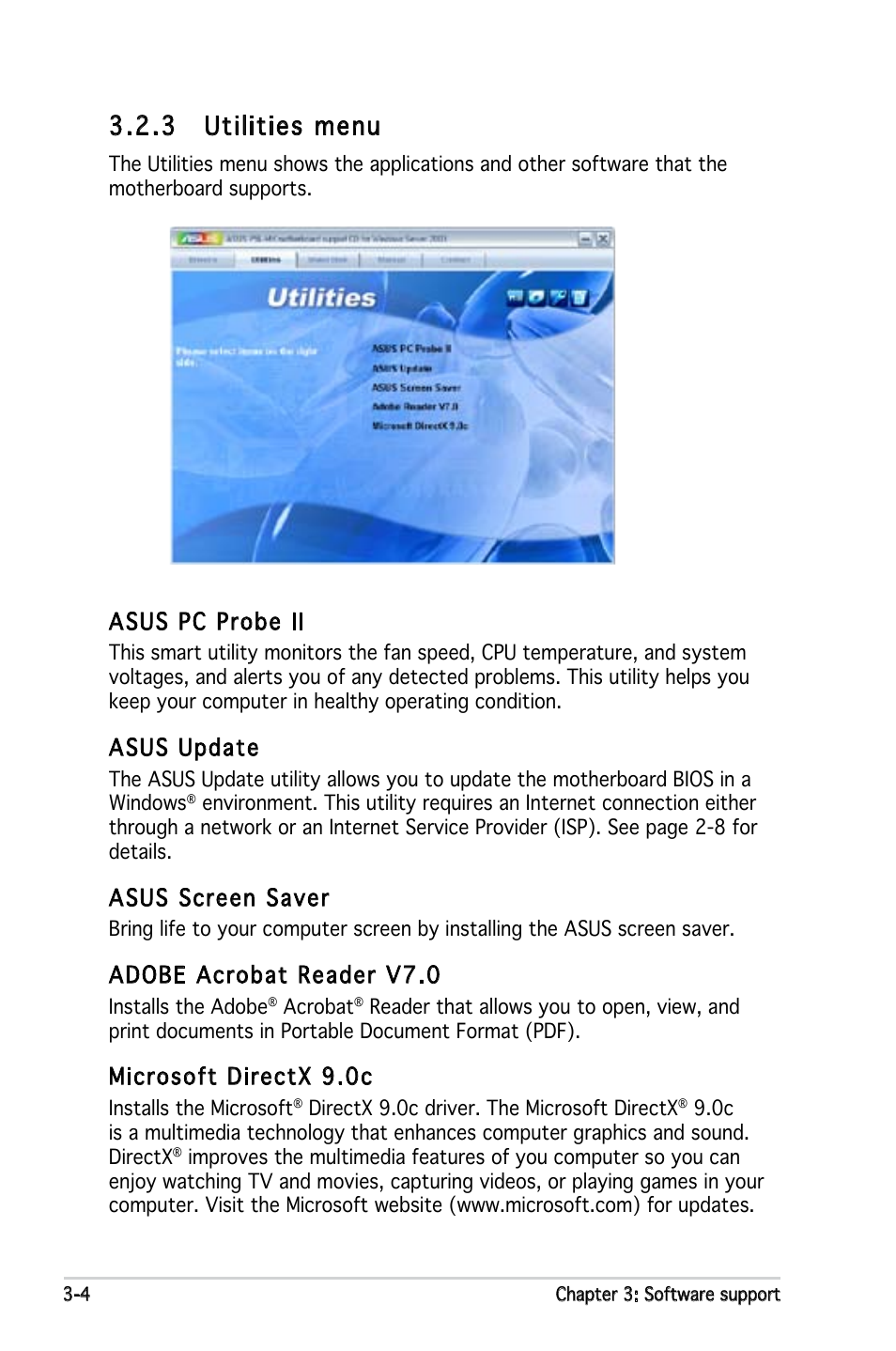 3 utilities menu, Asus pc probe ii, Asus update | Asus screen saver, Adobe acrobat reader v7.0, Microsoft directx 9.0c | Asus P5L-MX User Manual | Page 90 / 96