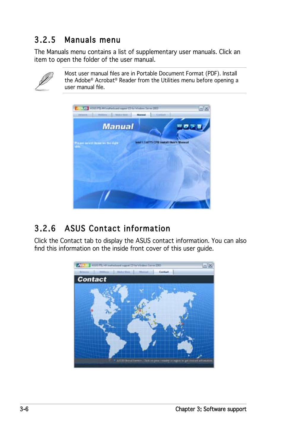 5 manuals menu, 6 asus contact information | Asus P5L-MX User Manual | Page 92 / 96