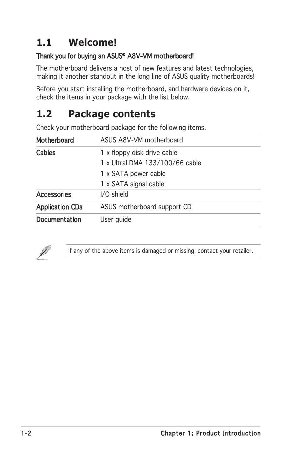 1 welcome, 2 package contents | Asus A8V-VM User Manual | Page 14 / 82