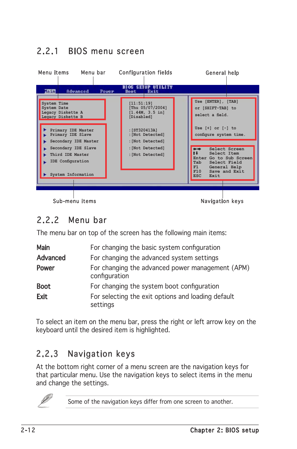 2 menu bar, 1 bios menu screen, 3 navigation keys | Asus A8V-VM User Manual | Page 54 / 82