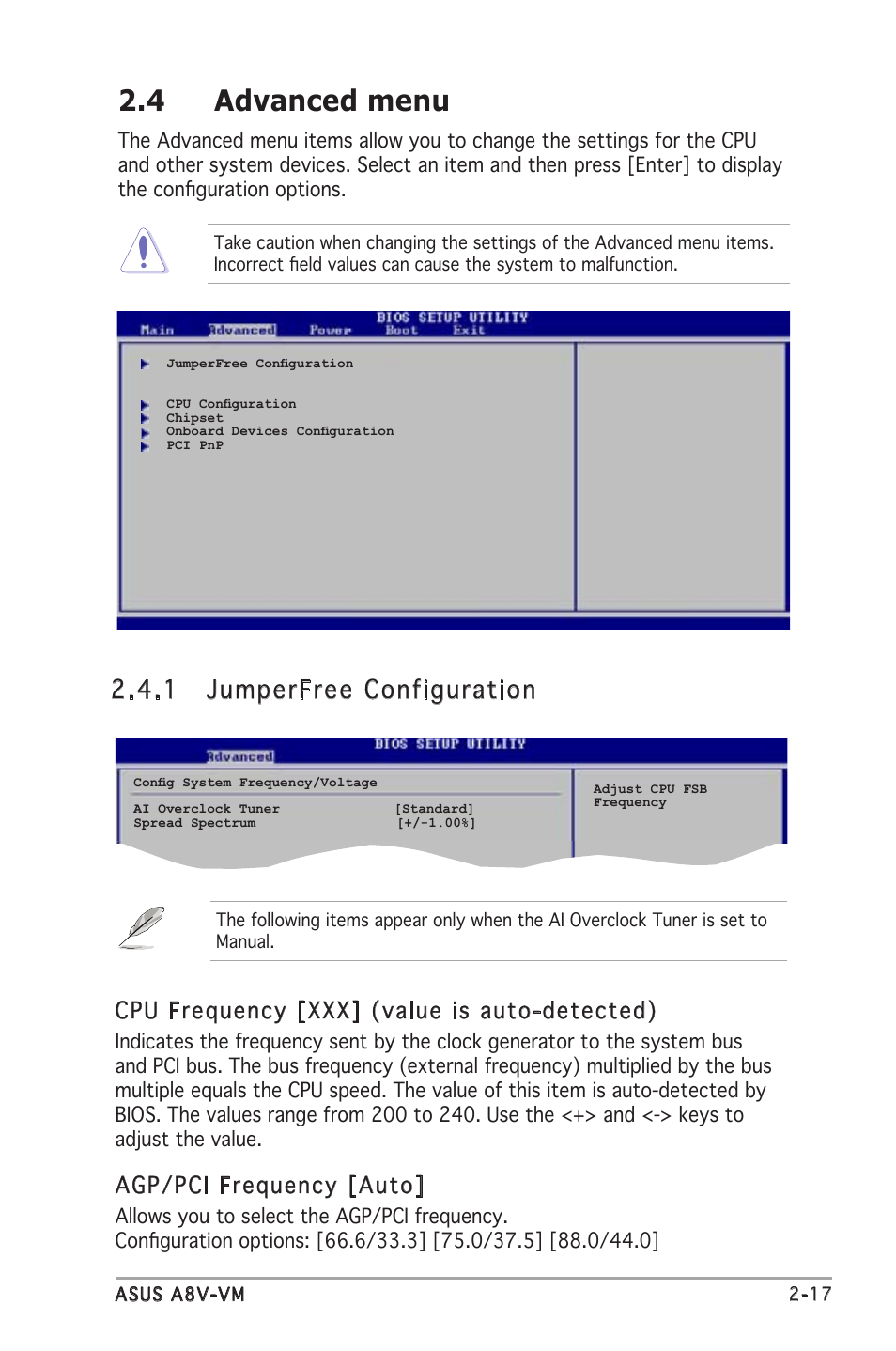 4 advanced menu, 1 jumperfree configuration, Cpu frequency [xxx] (value is auto-detected) | Agp/pci frequency [auto | Asus A8V-VM User Manual | Page 59 / 82