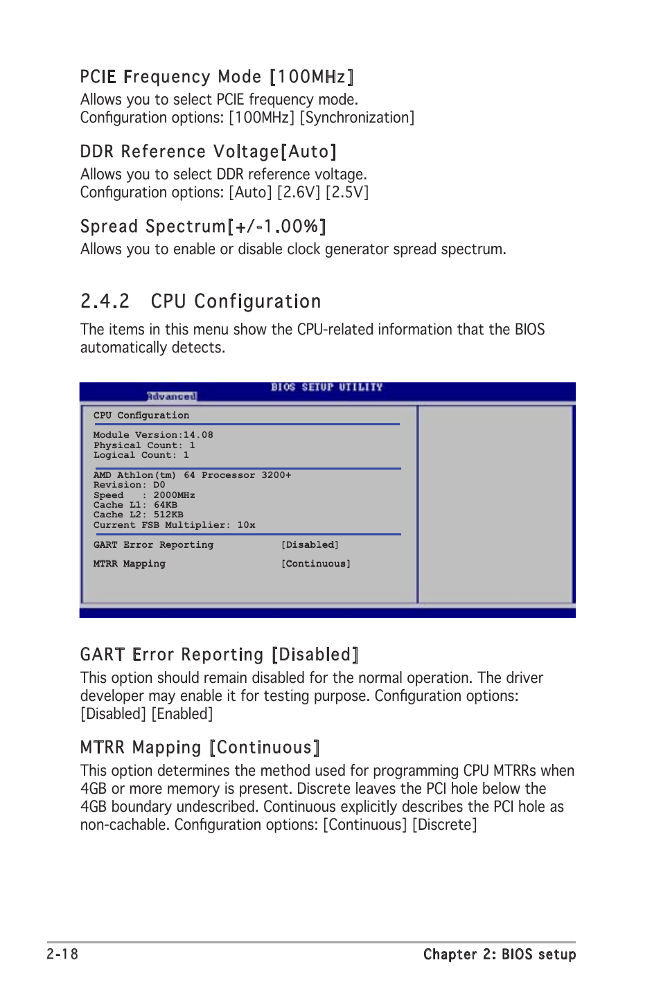 2 cpu configuration, Gart error reporting [disabled, Mtrr mapping [continuous | Pcie frequency mode [100mhz, Ddr reference voltage[auto, Spread spectrum[+/-1.00 | Asus A8V-VM User Manual | Page 60 / 82