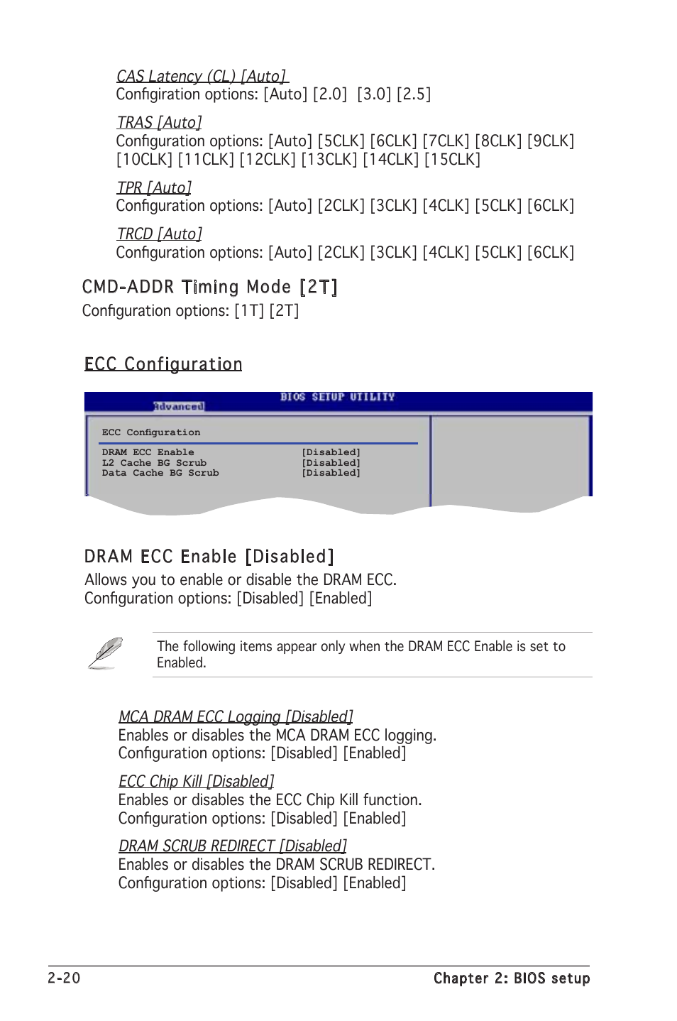 Ecc configuration dram ecc enable [disabled, Cmd-addr timing mode [2t | Asus A8V-VM User Manual | Page 62 / 82