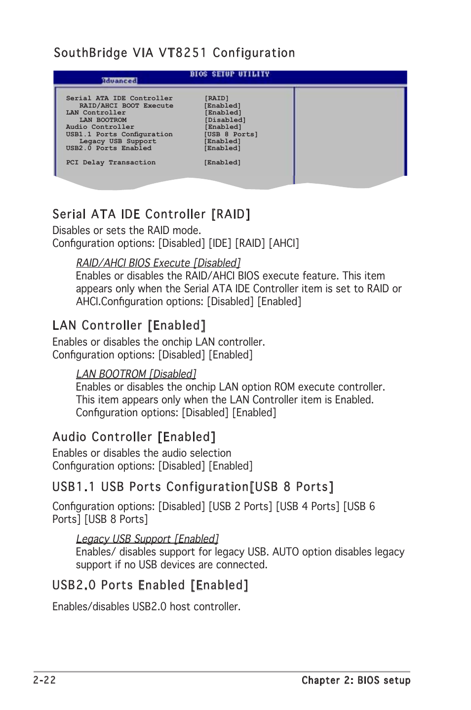 Lan controller [enabled, Audio controller [enabled, Usb1.1 usb ports configuration[usb 8 ports | Usb2.0 ports enabled [enabled | Asus A8V-VM User Manual | Page 64 / 82