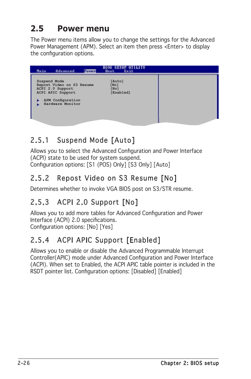 5 power menu, 1 suspend mode [auto, 2 repost video on s3 resume [no | 3 acpi 2.0 support [no, 4 acpi apic support [enabled | Asus A8V-VM User Manual | Page 68 / 82