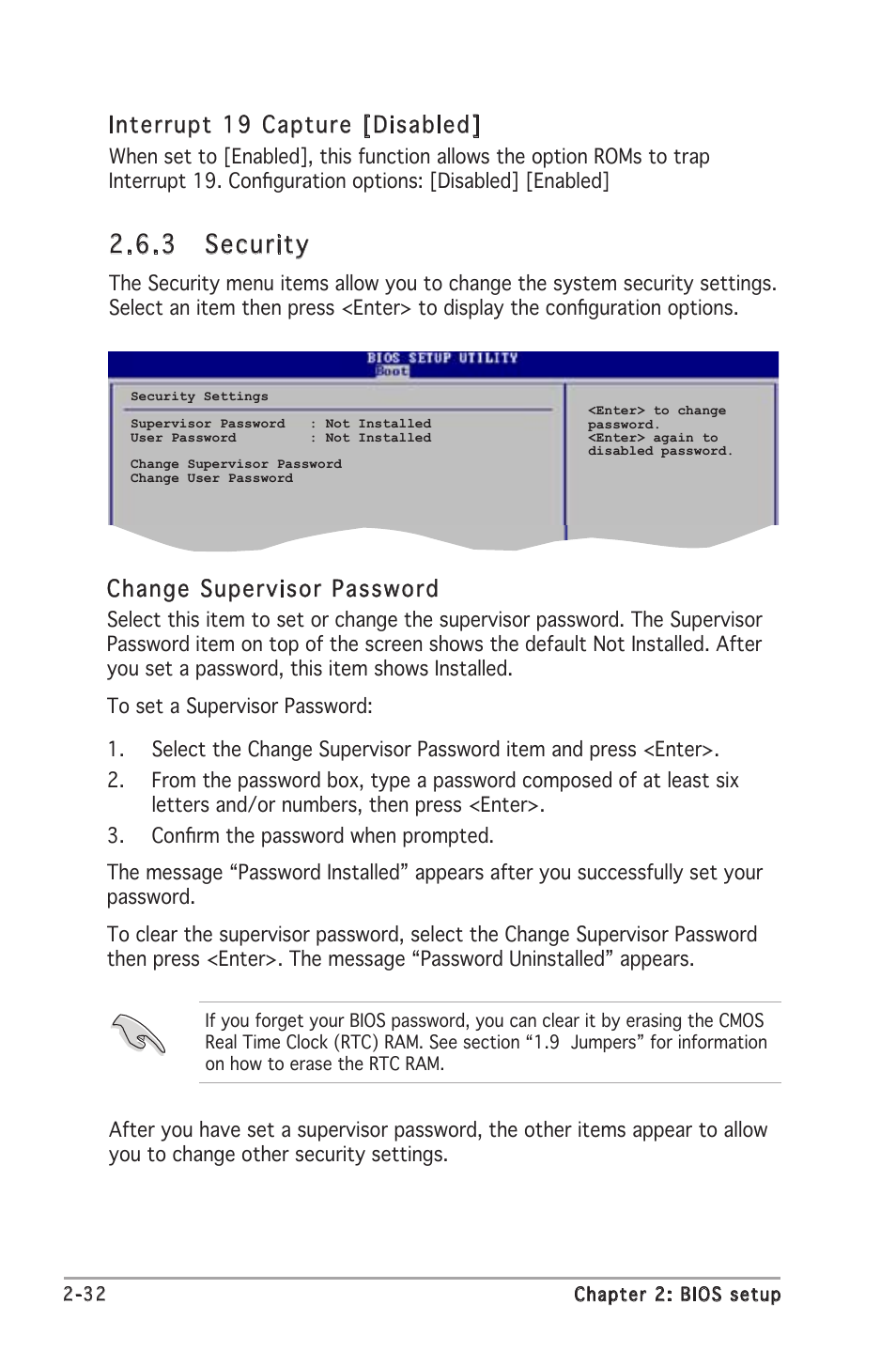 .3 security, Interrupt 19 capture [disabled, Change supervisor password | Asus A8V-VM User Manual | Page 74 / 82