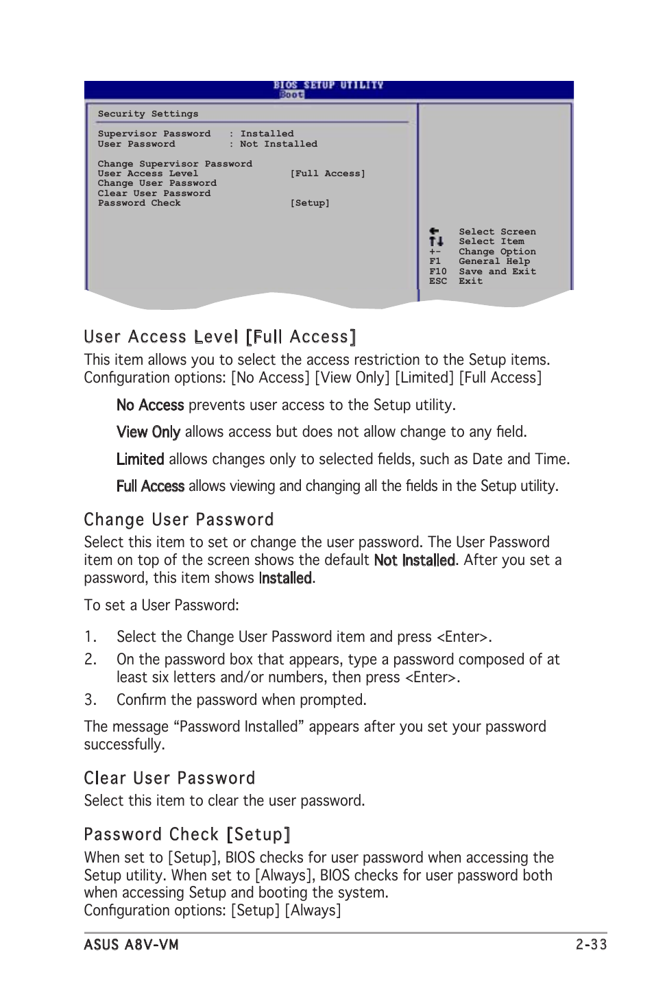 User access level [full access, Change user password, Clear user password | Password check [setup | Asus A8V-VM User Manual | Page 75 / 82