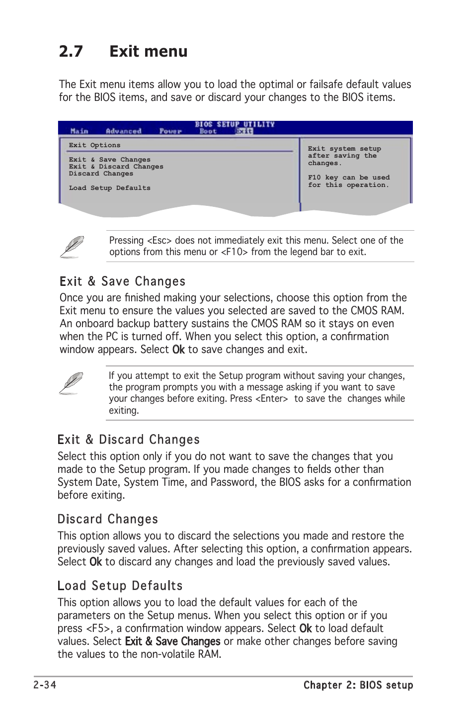 7 exit menu, Exit & discard changes, Discard changes | Load setup defaults, Exit & save changes | Asus A8V-VM User Manual | Page 76 / 82