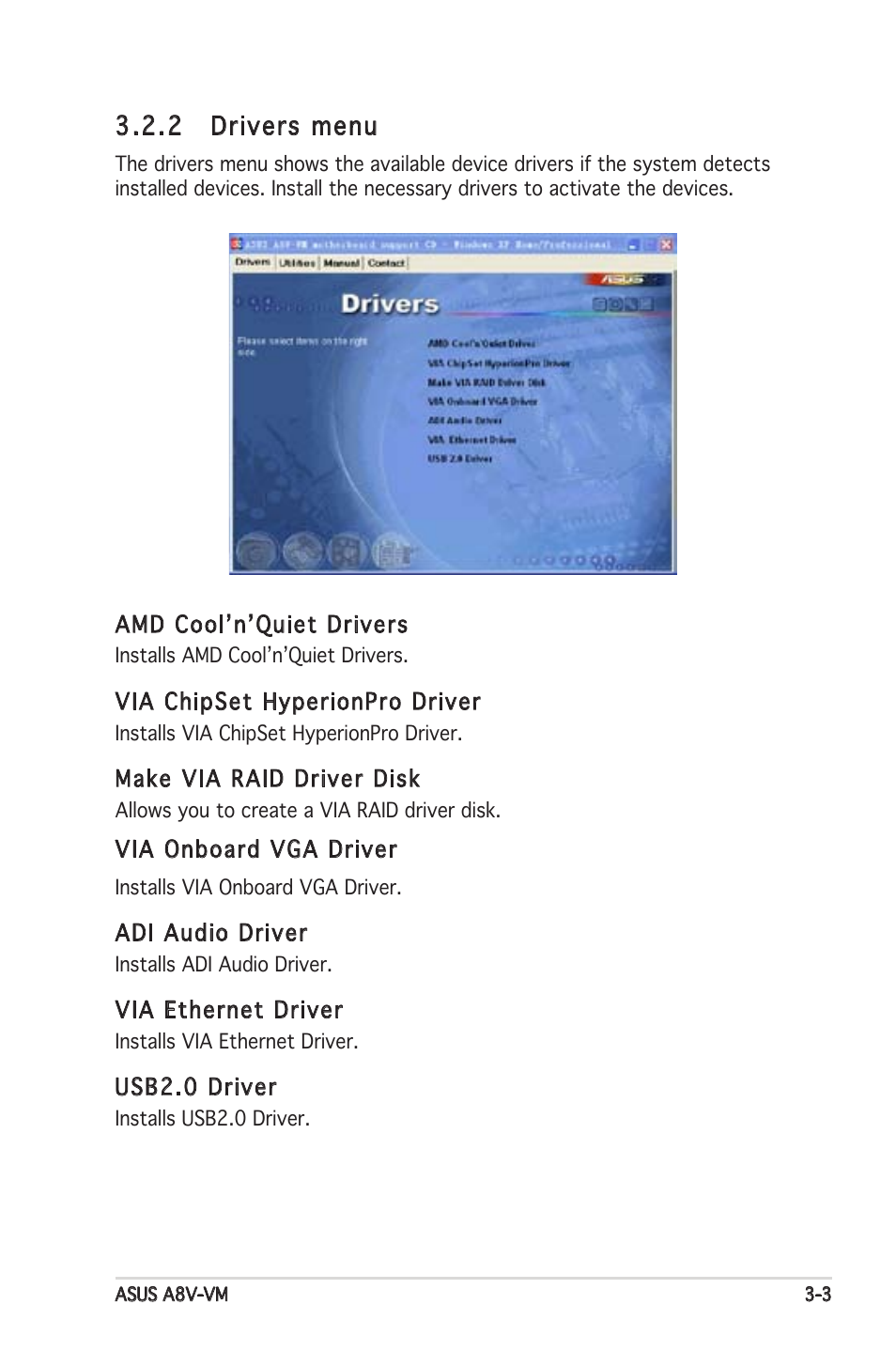 . drivers menu | Asus A8V-VM User Manual | Page 79 / 82
