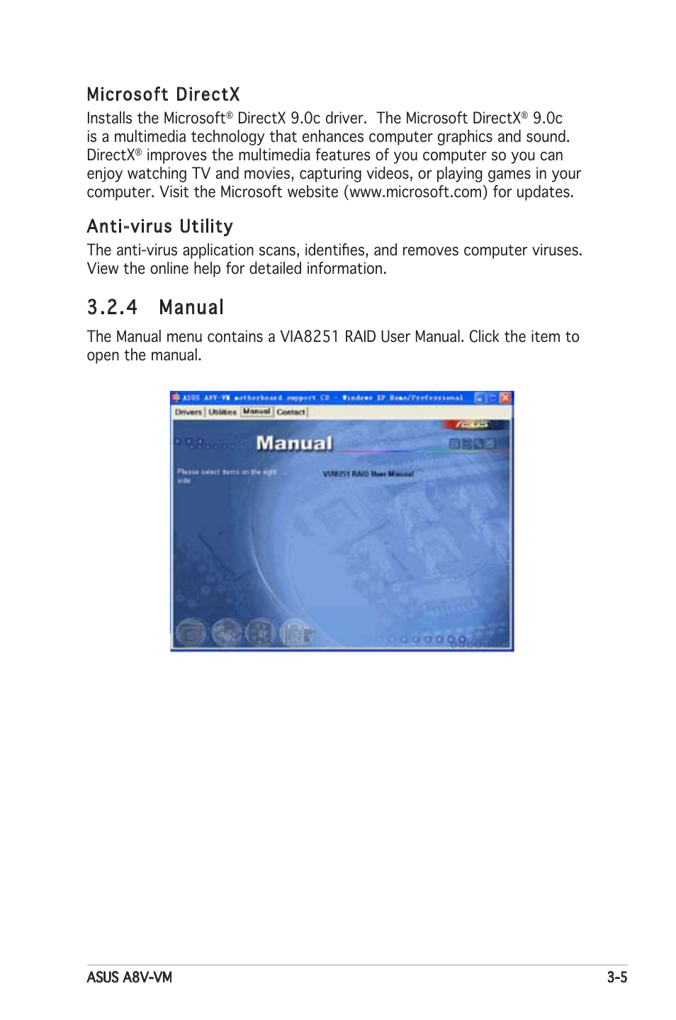 4 manual, Microsoft directx, Anti-virus utility | Asus A8V-VM User Manual | Page 81 / 82