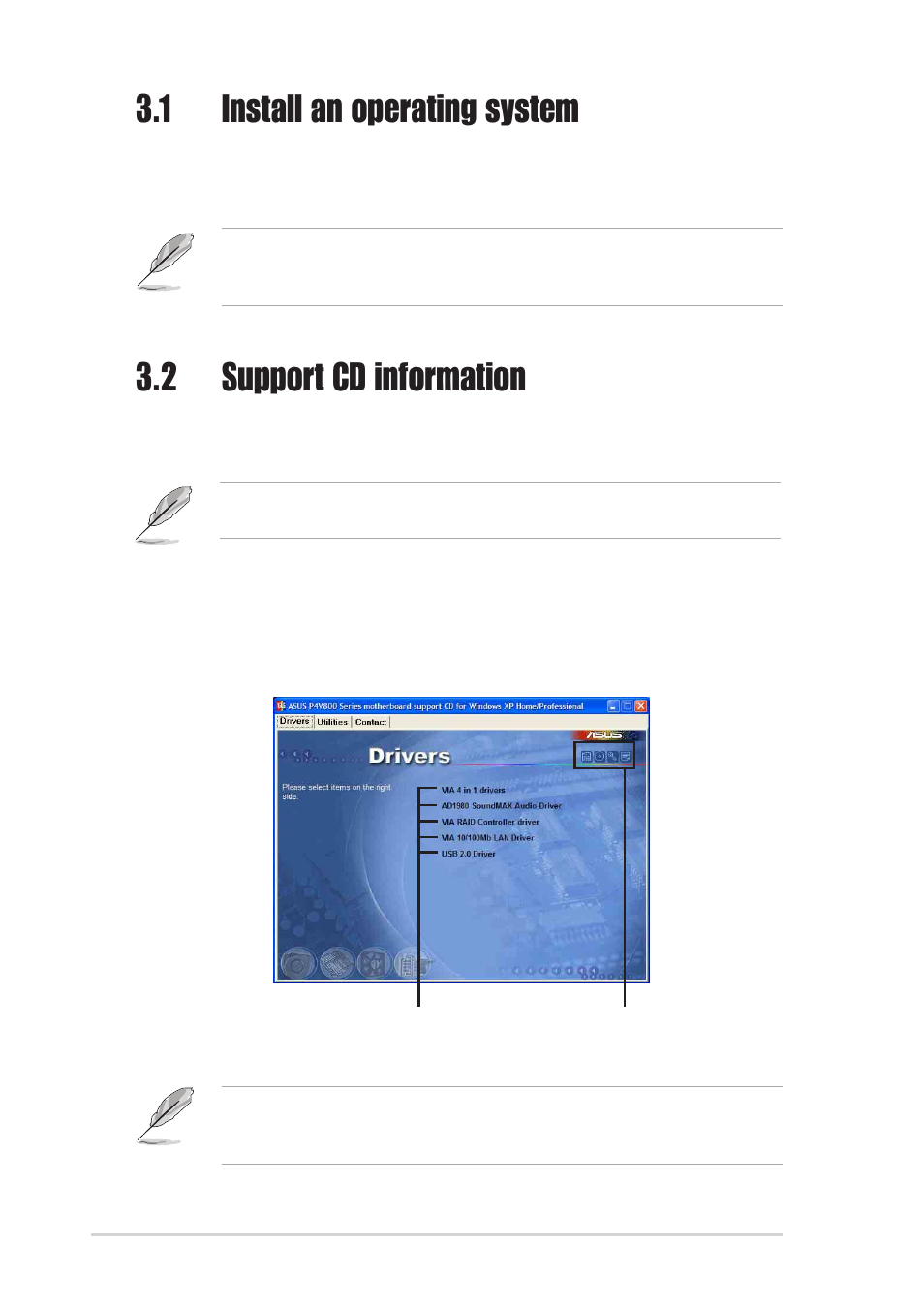 1 install an operating system, 2 support cd information, 1 running the support cd | Asus Motherboard P4V800-X User Manual | Page 66 / 74