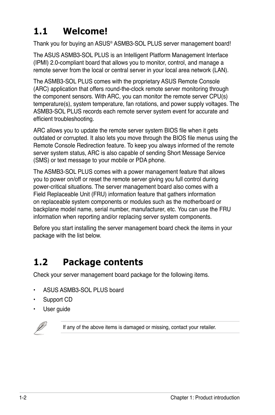 1 welcome, 2 package contents, Welcome! -2 | Package contents -2 | Asus ASMB3-SOL User Manual | Page 12 / 70