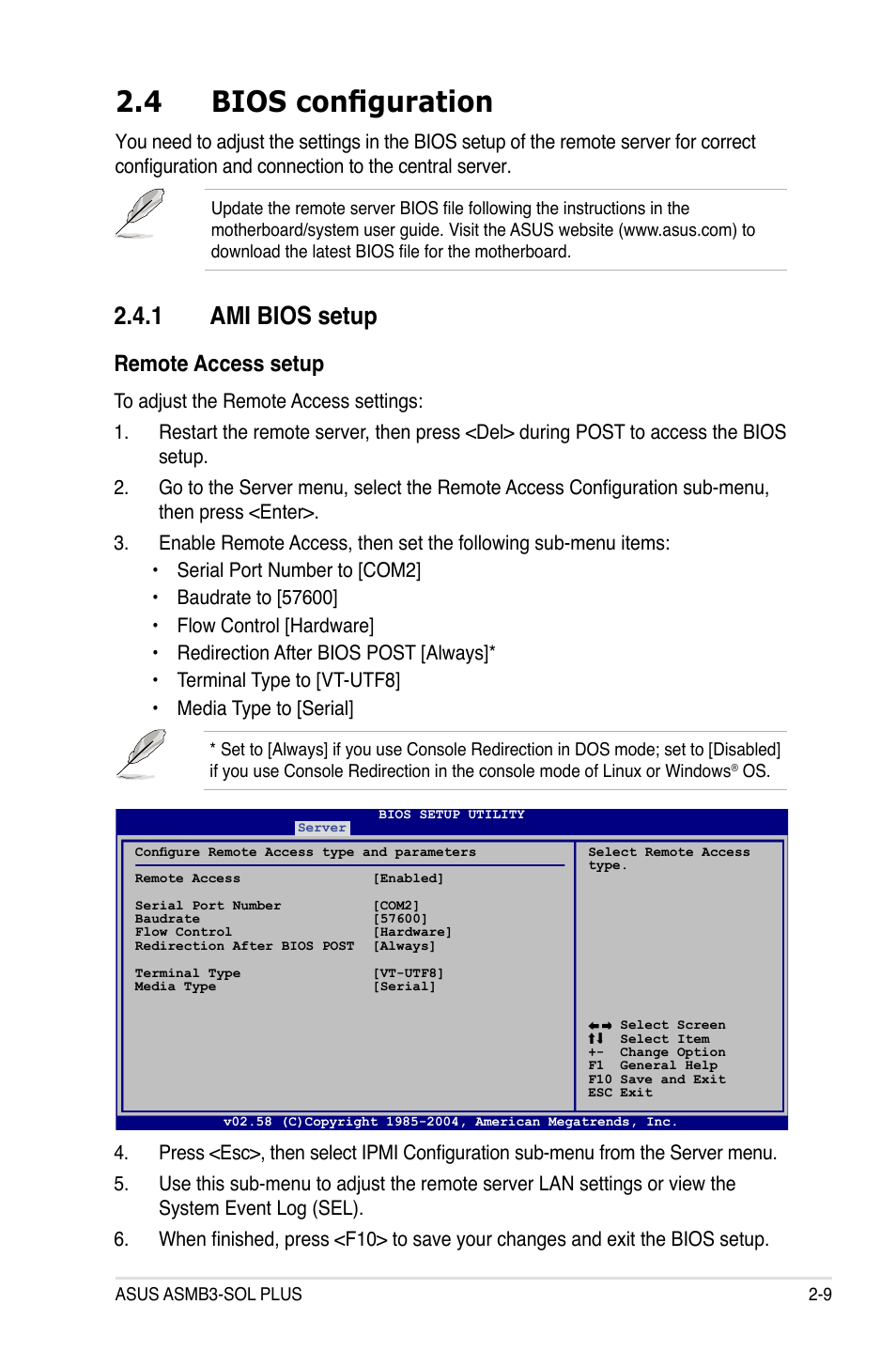 4 bios configuration, 1 ami bios setup, Bios configuration -9 2.4.1 | Ami bios setup -9, Remote access setup | Asus ASMB3-SOL User Manual | Page 23 / 70