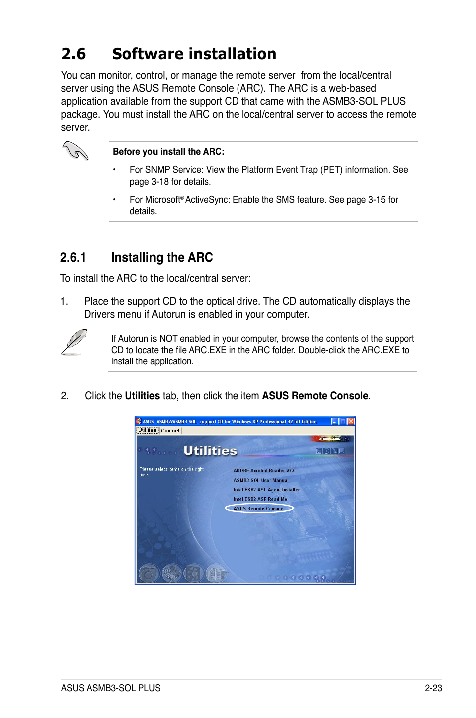 6 software installation, 1 installing the arc, Software installation -23 2.6.1 | Installing the arc -23 | Asus ASMB3-SOL User Manual | Page 37 / 70