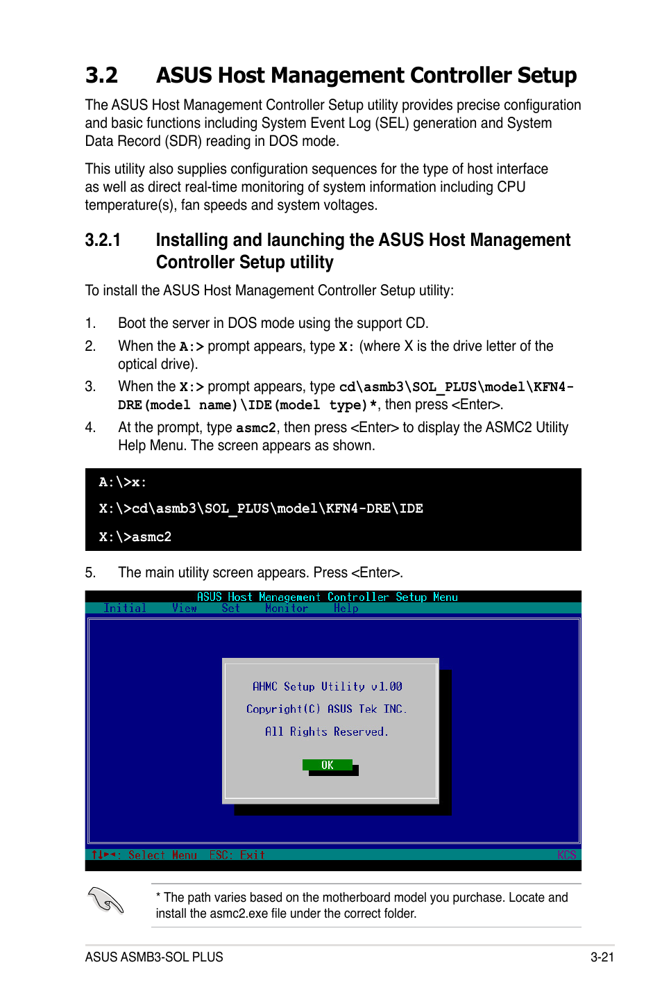 2 asus host management controller setup, Asus host management controller setup -21 3.2.1, Installing and launching the asus host management | Asus ASMB3-SOL User Manual | Page 59 / 70