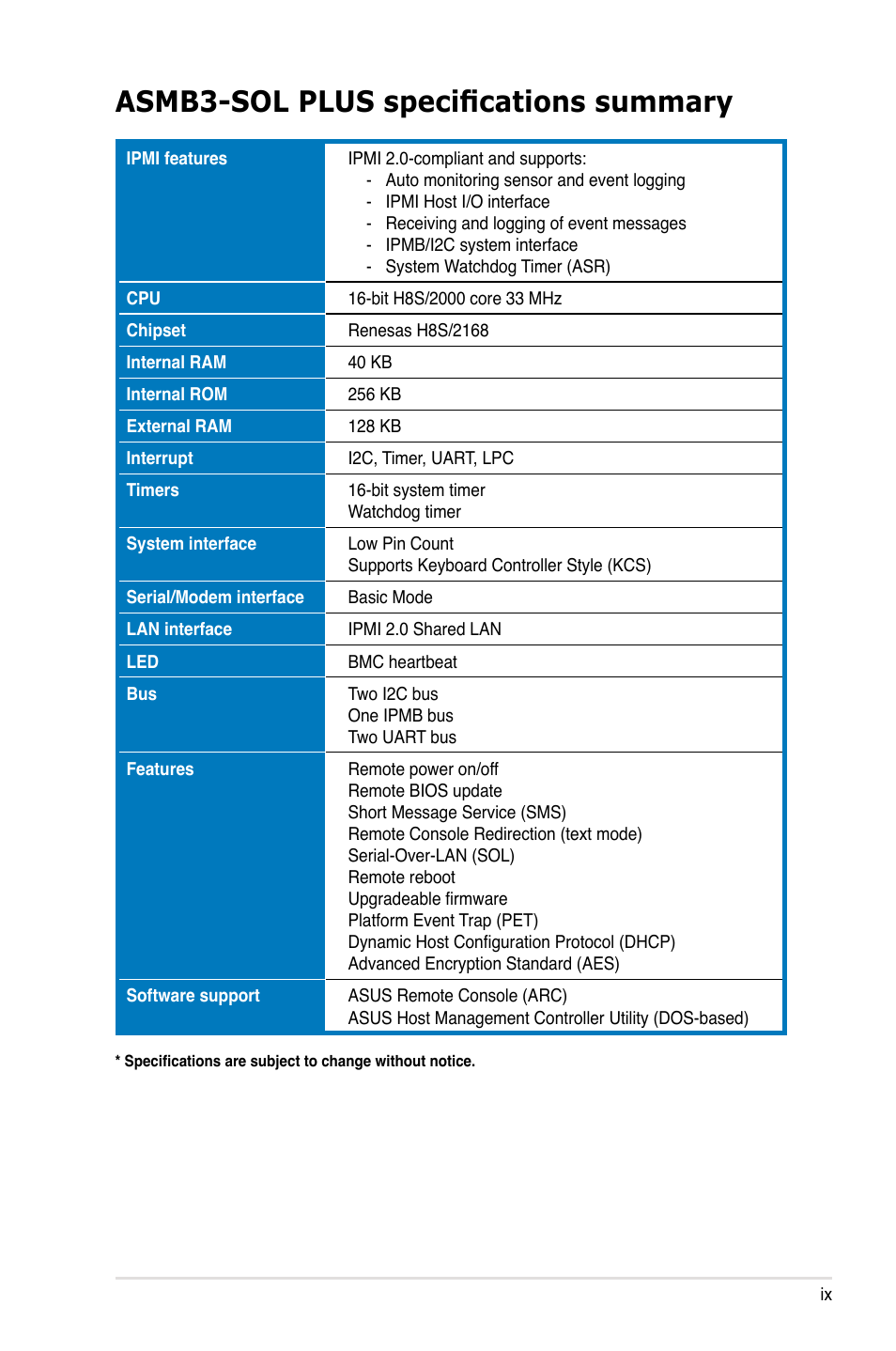 Asmb3-sol plus specifications summary | Asus ASMB3-SOL User Manual | Page 9 / 70