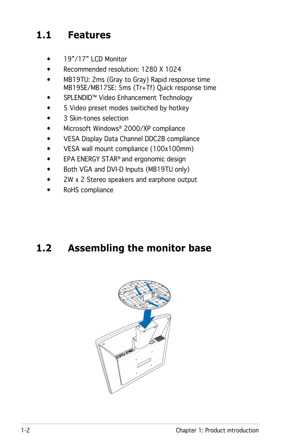 1 features, 2 assembling the monitor base | Asus MB19 User Manual | Page 10 / 30