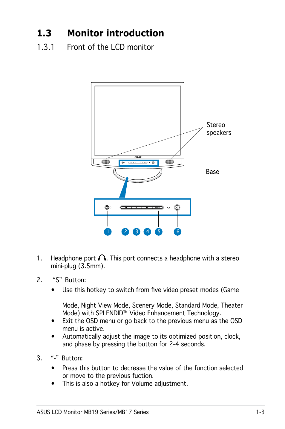 3 monitor introduction, 1 front of the lcd monitor | Asus MB19 User Manual | Page 11 / 30