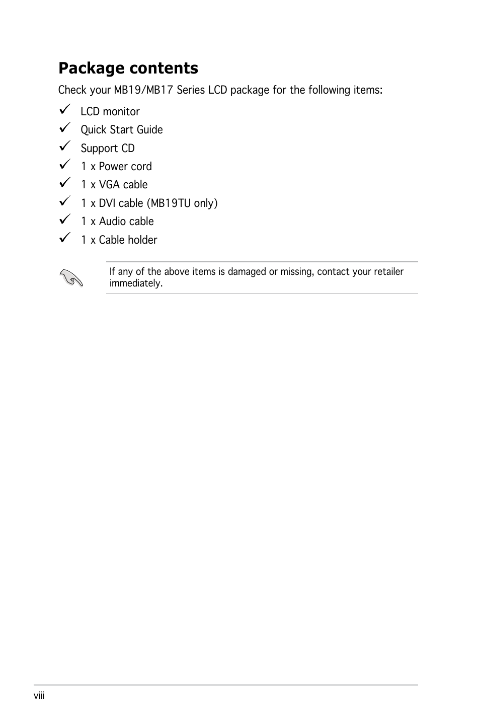 Package contents | Asus MB19 User Manual | Page 8 / 30