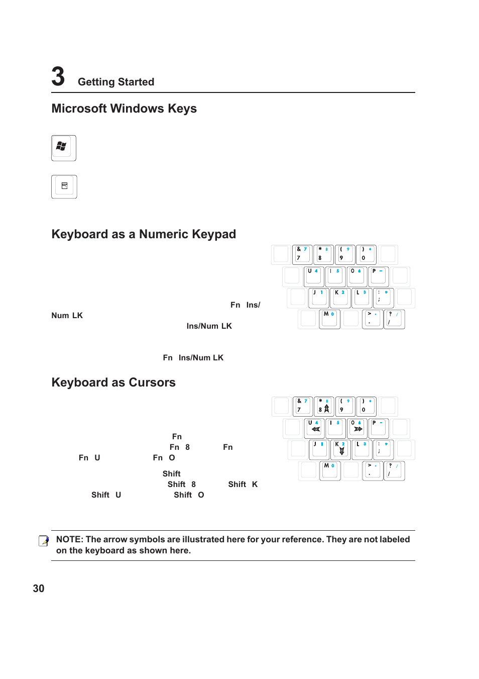 Microsoft windows keys, Keyboard as a numeric keypad, Keyboard as cursors | Getting started | Asus E2378 User Manual | Page 30 / 71