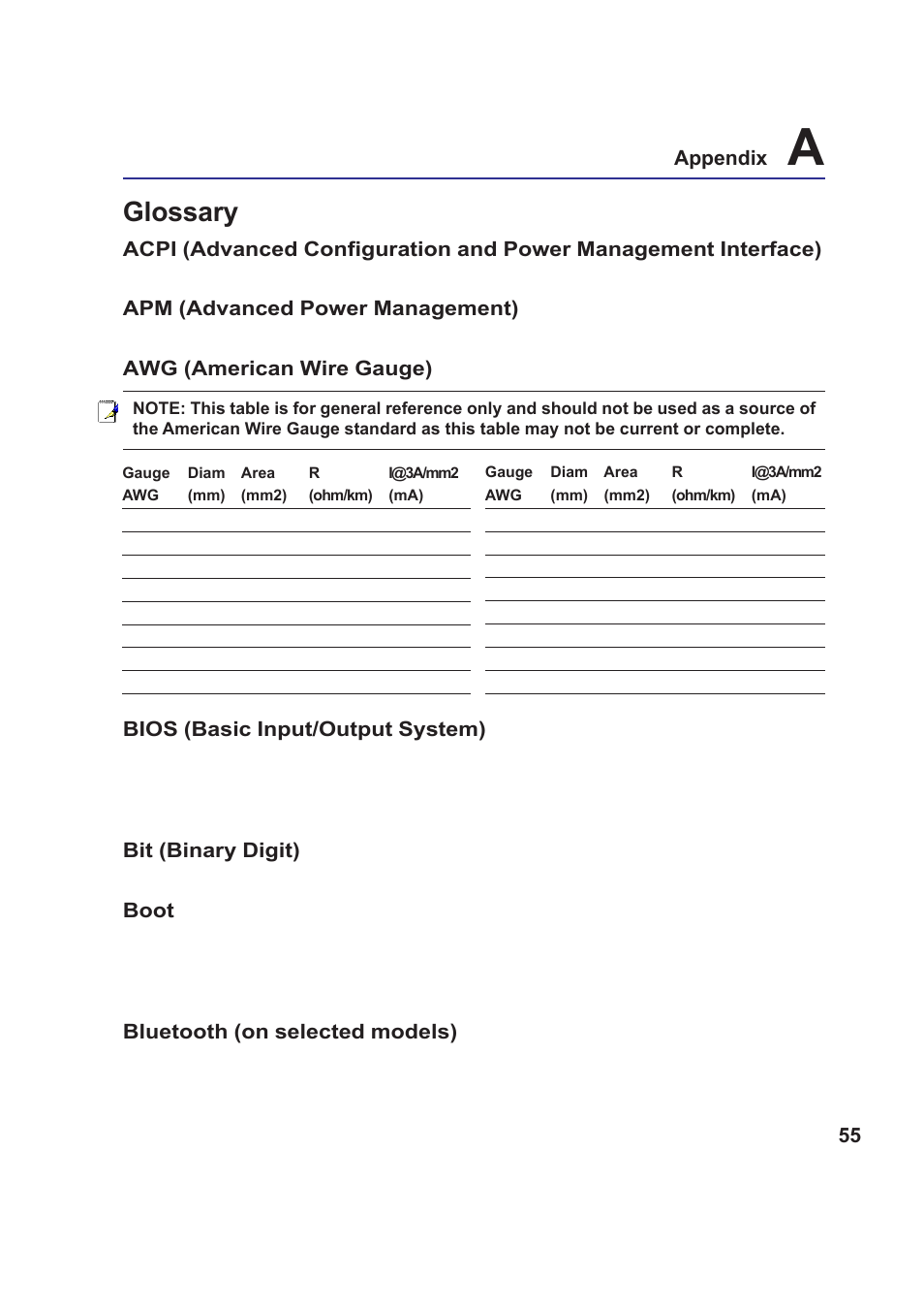 Glossary, 55 appendix, Apm (advanced power management) | Awg (american wire gauge), Bios (basic input/output system), Bit (binary digit), Boot, Bluetooth (on selected models) | Asus E2378 User Manual | Page 55 / 71