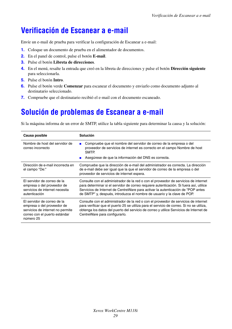 Verificación de escanear a e-mail, Solución de problemas de escanear a e-mail | Xerox WorkCentre M118-M118i-17652 User Manual | Page 31 / 75