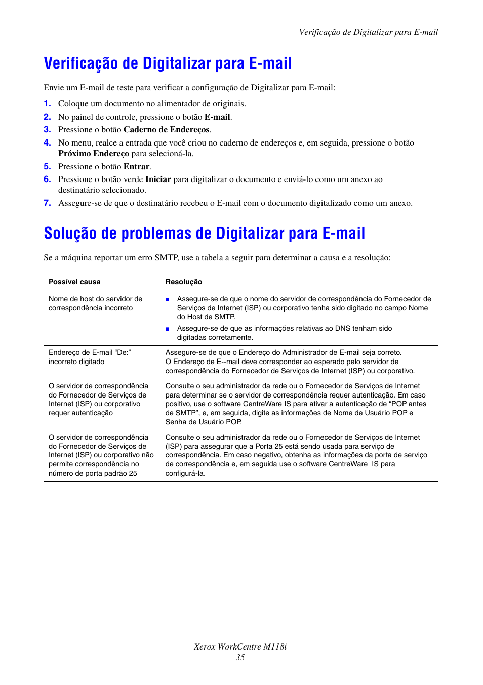 Verificação de digitalizar para e-mail, Solução de problemas de digitalizar para e-mail | Xerox WorkCentre M118-M118i-17652 User Manual | Page 37 / 75