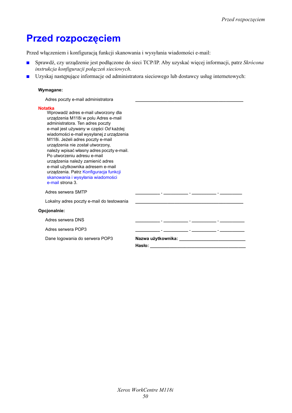 Przed rozpoczęciem | Xerox WorkCentre M118-M118i-17652 User Manual | Page 52 / 75