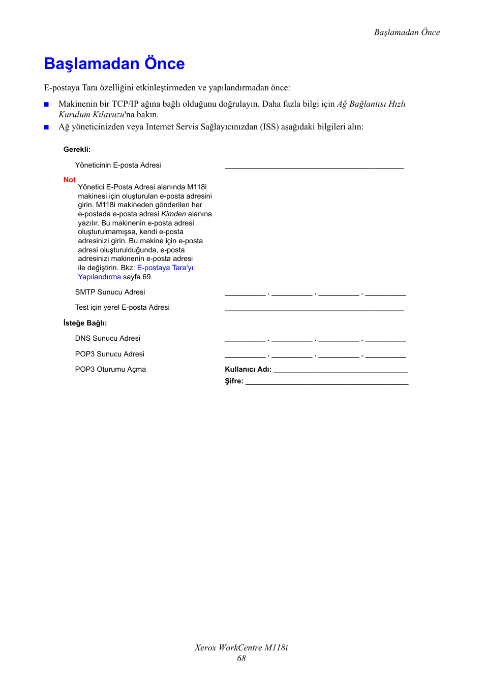 Başlamadan önce | Xerox WorkCentre M118-M118i-17652 User Manual | Page 70 / 75