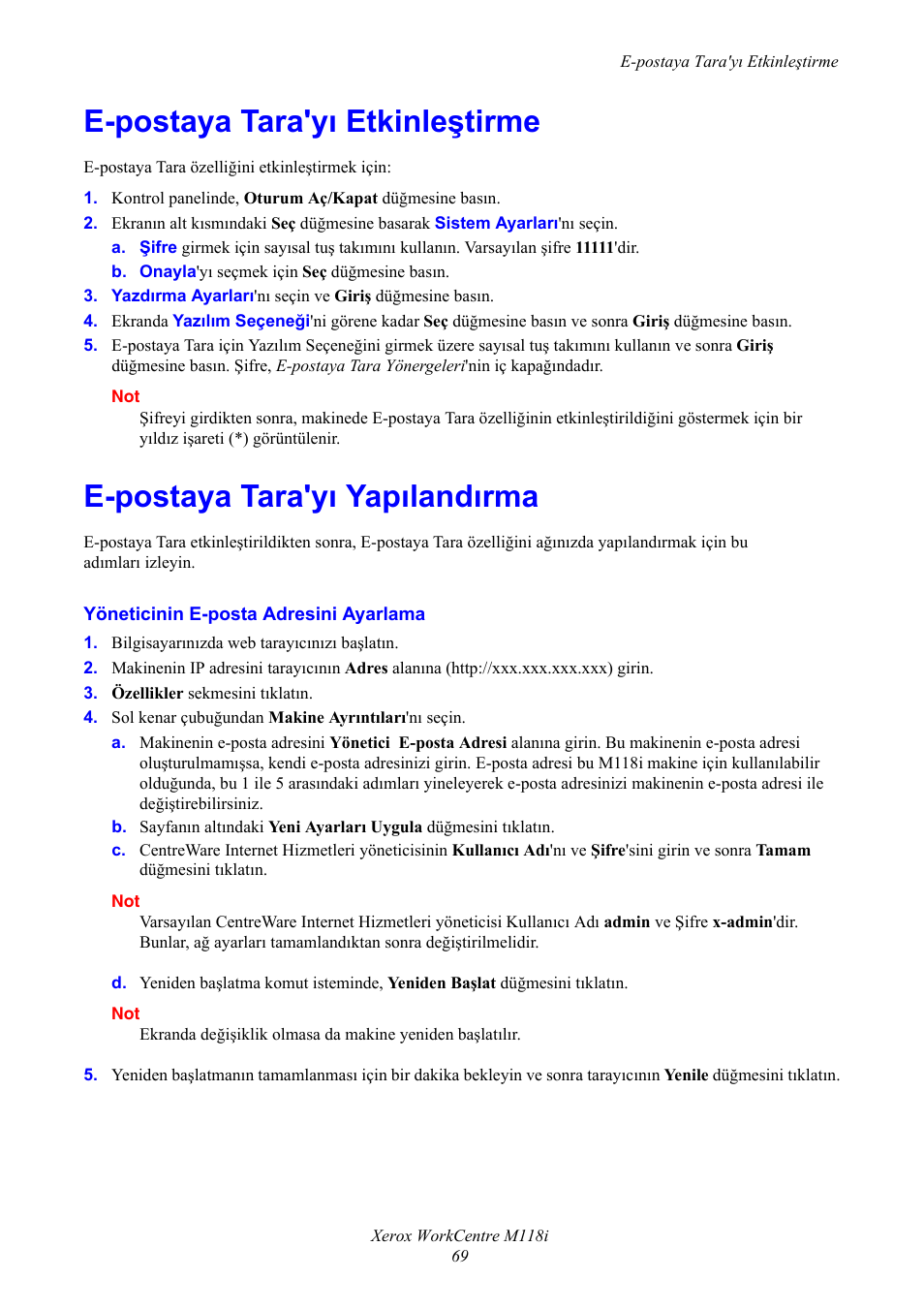 E-postaya tara'yı etkinleştirme, E-postaya tara'yı yapılandırma | Xerox WorkCentre M118-M118i-17652 User Manual | Page 71 / 75