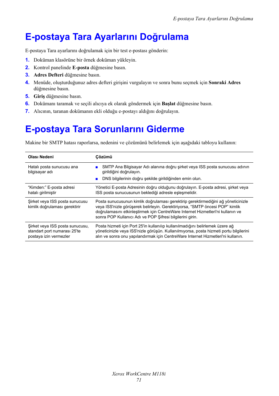 E-postaya tara ayarlarını doğrulama, E-postaya tara sorunlarını giderme | Xerox WorkCentre M118-M118i-17652 User Manual | Page 73 / 75