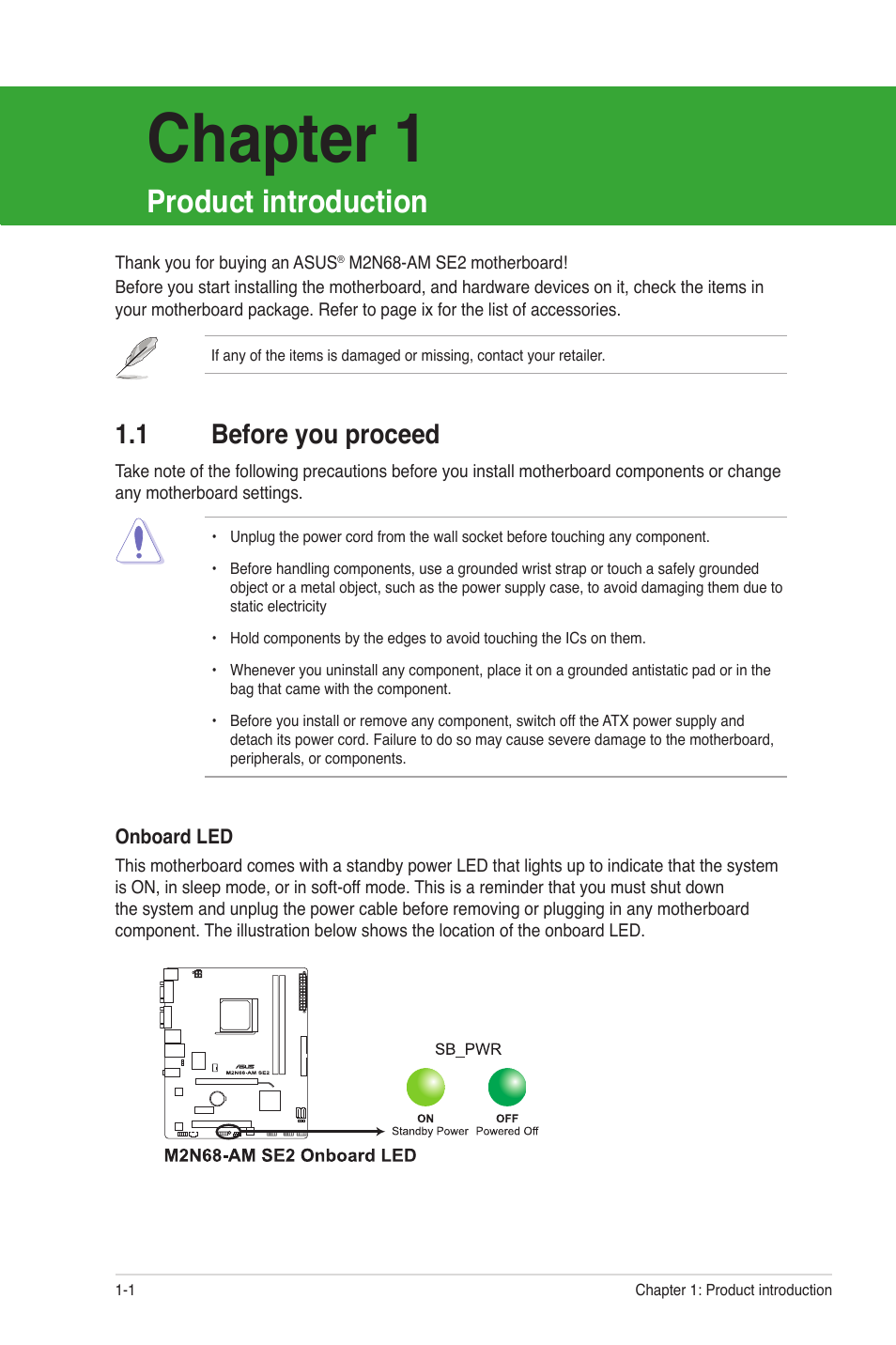 Chapter 1: product introduction, 1 before you proceed, Roduct introduction | Before you proceed -1, Chapter 1, Product introduction | Asus M2N68-AM SE2 User Manual | Page 10 / 40