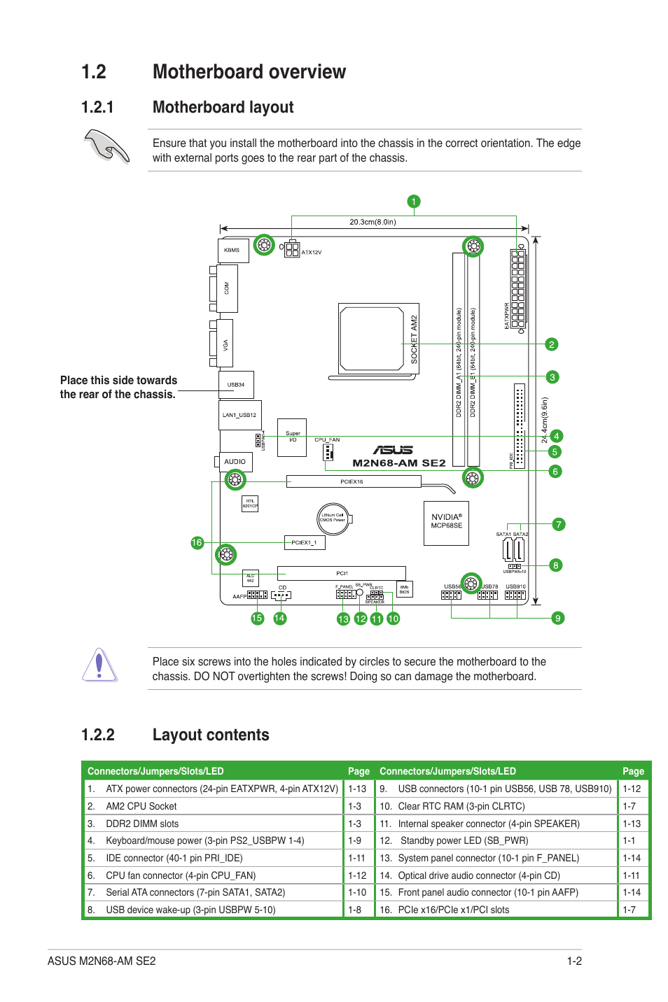 2 motherboard overview, 1 motherboard layout, 2 layout contents | Motherboard overview -2 1.2.1, Motherboard layout -2, Layout contents -2 | Asus M2N68-AM SE2 User Manual | Page 11 / 40