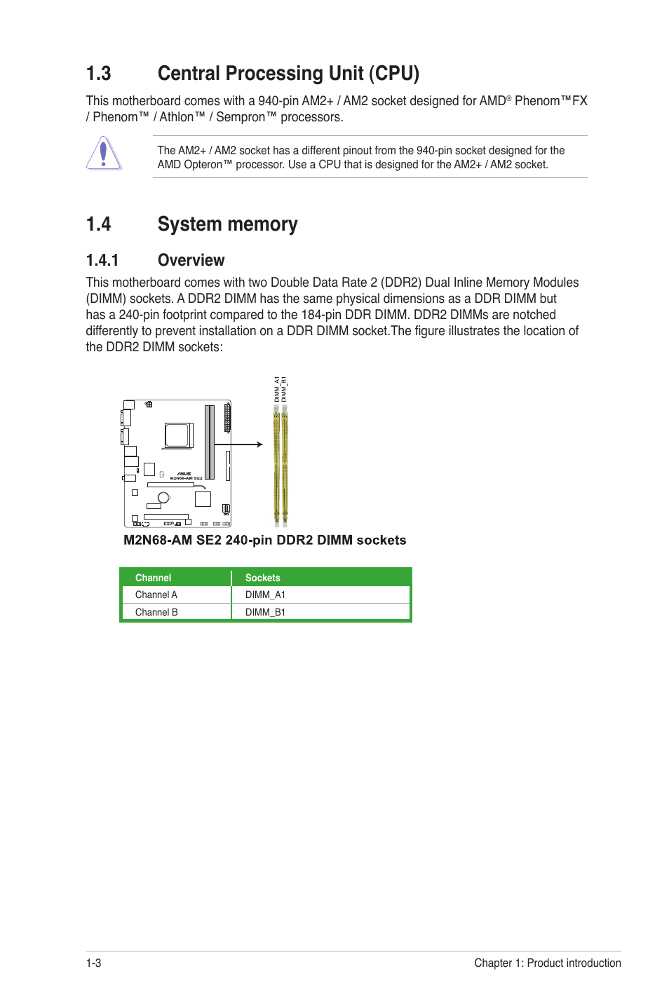 3 central processing unit (cpu), 4 system memory, 1 overview | Central processing unit (cpu) -3, System memory -3 1.4.1, Overview -3 | Asus M2N68-AM SE2 User Manual | Page 12 / 40