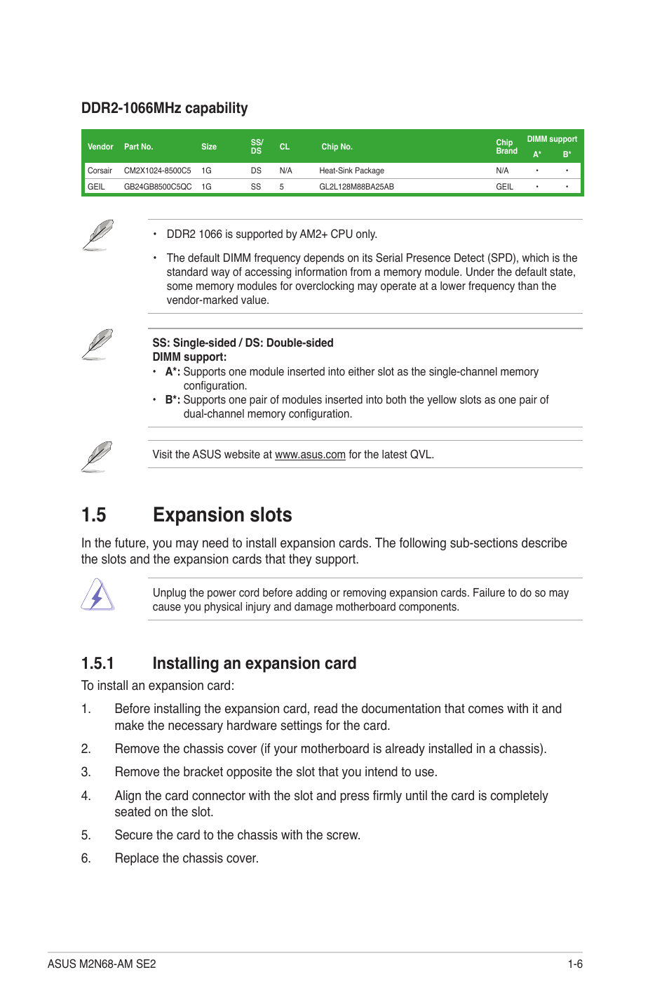 5 expansion slots, 1 installing an expansion card, Expansion slots -6 1.5.1 | Installing an expansion card -6 | Asus M2N68-AM SE2 User Manual | Page 15 / 40