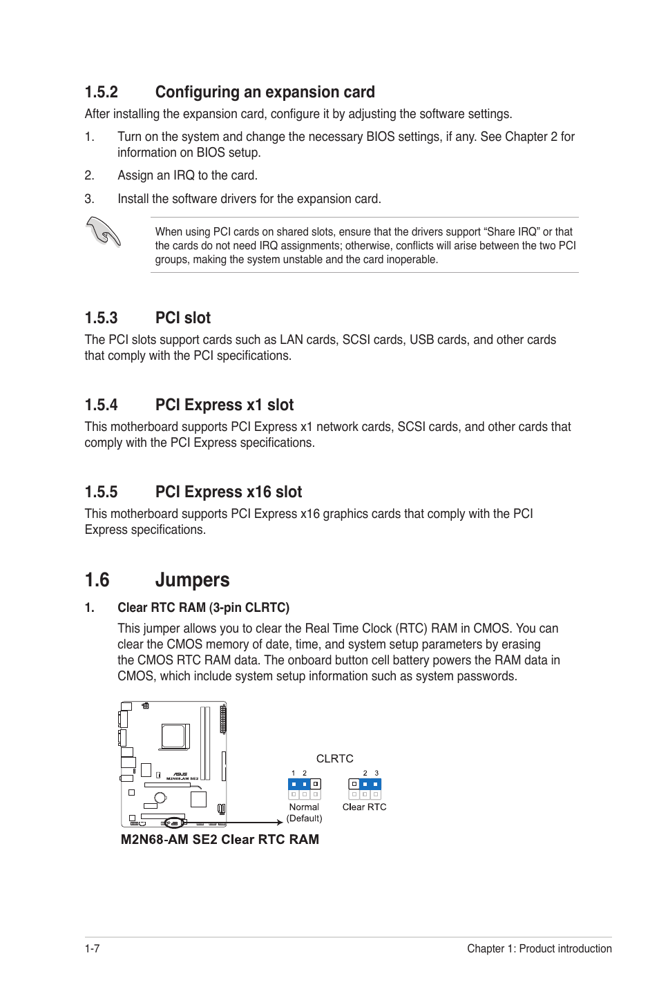 2 configuring an expansion card, 3 pci slot, 4 pci express x1 slot | 5 pci express x16 slot, 6 jumpers, Configuring an expansion card -7, Pci slot -7, Pci express x1 slot -7, Pci express x16 slot -7, Jumpers -7 | Asus M2N68-AM SE2 User Manual | Page 16 / 40