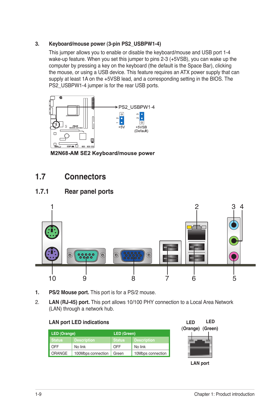 7 connectors, 1 rear panel ports, Connectors -9 1.7.1 | Rear panel ports -9 | Asus M2N68-AM SE2 User Manual | Page 18 / 40